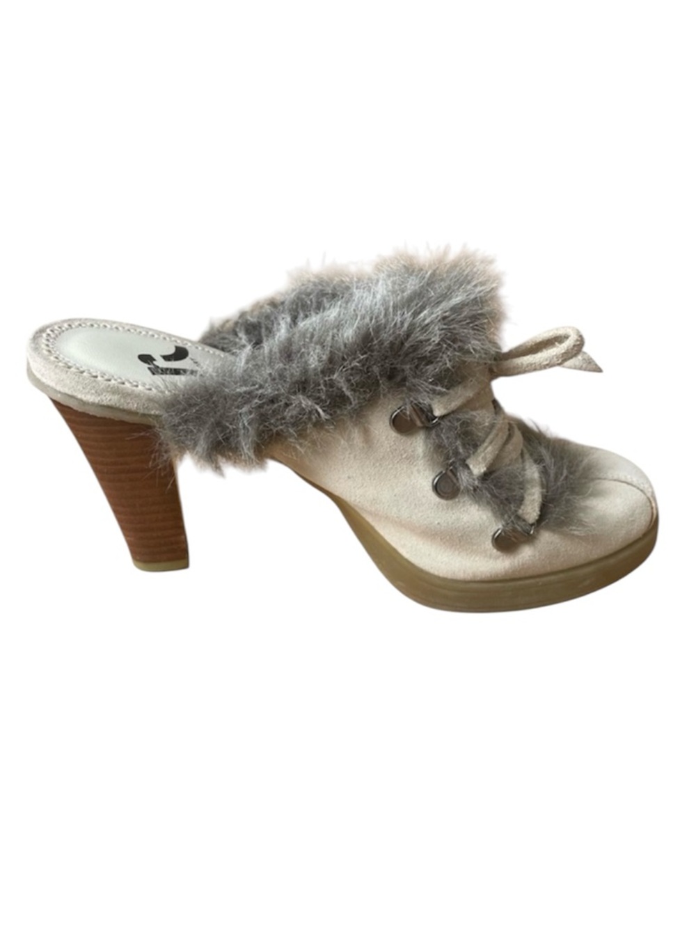 Report size 8 Vikki fur trimmed leather mule 4 inch wood block heel, leather bow